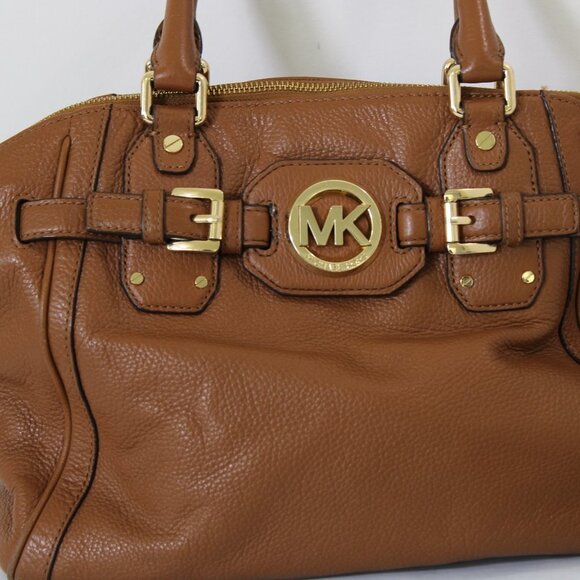 Michael Kors Hudson Large Satchel Camel Brown Dark Tan Leather Bag Gold Accents - Picture 2 of 14